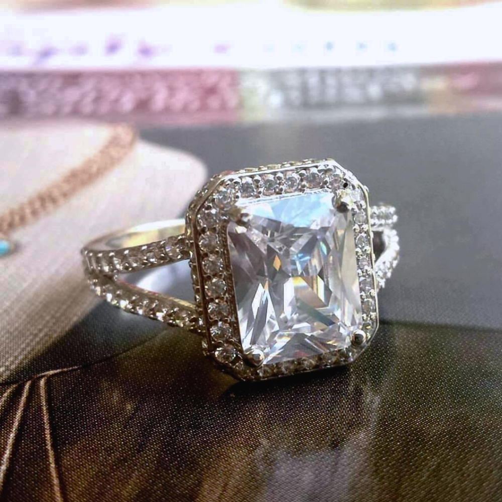 14K Gold Plated Over Sterling Empress 3CT Emerald Cut Halo Split Shank OB Simulated Diamond Ring for Woman Bridal Engagement Wedding Anniversary Gift