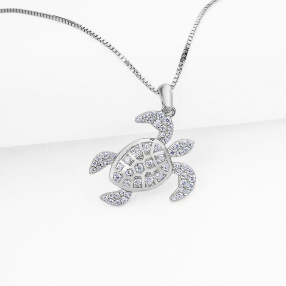 La Mer Pavé Sea Turtle Sterling Silver OB Simulated Diamond Pendant for Woman Bridal Engagement Wedding Anniversary Gift