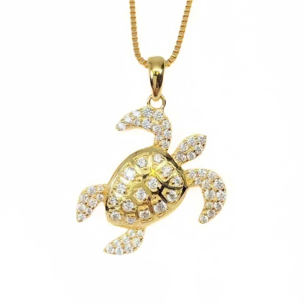 La Mer Pavé Sea Turtle Sterling Silver OB Simulated Diamond Pendant for Woman Bridal Engagement Wedding Anniversary Gift