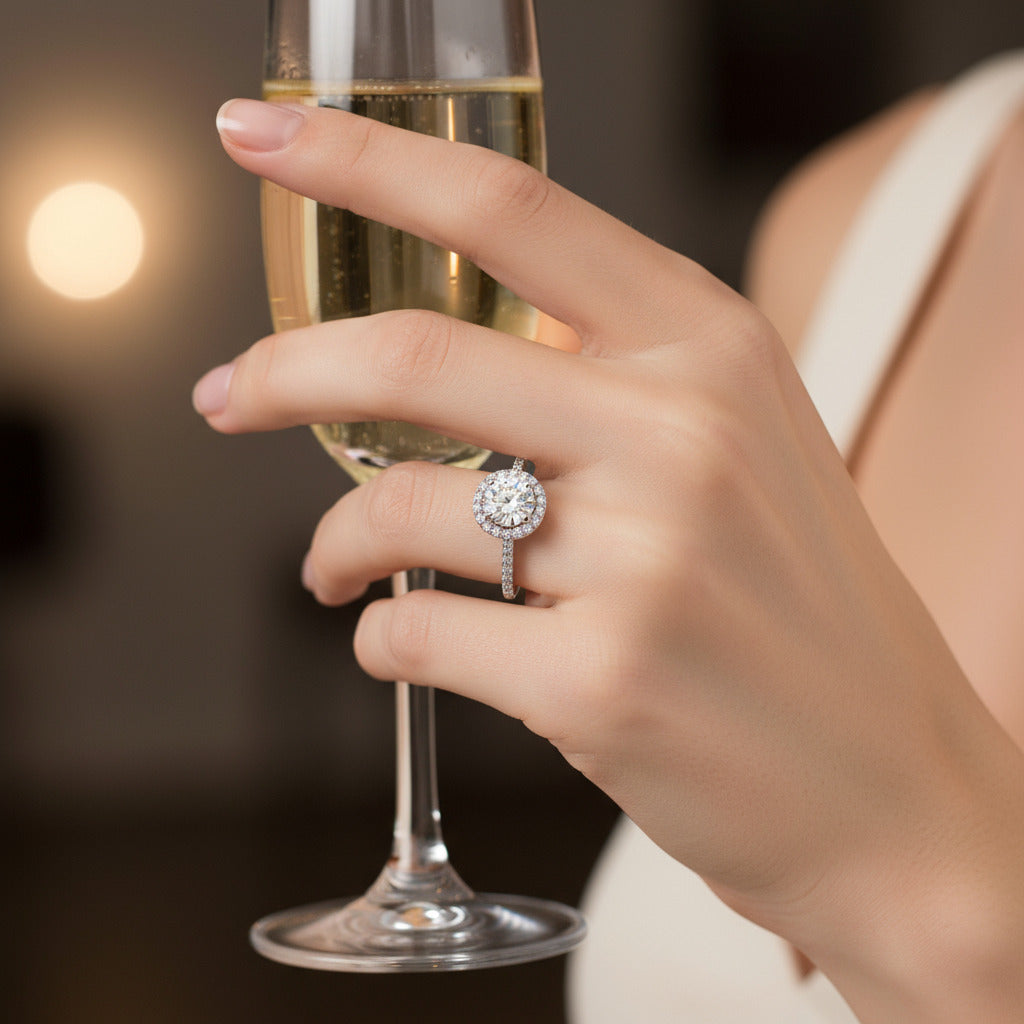 Céleste 1CT Round Halo OB Simulated Diamond Ring Platinum Plated Sterling Silver – Bridal, Engagement & Anniversary Gift