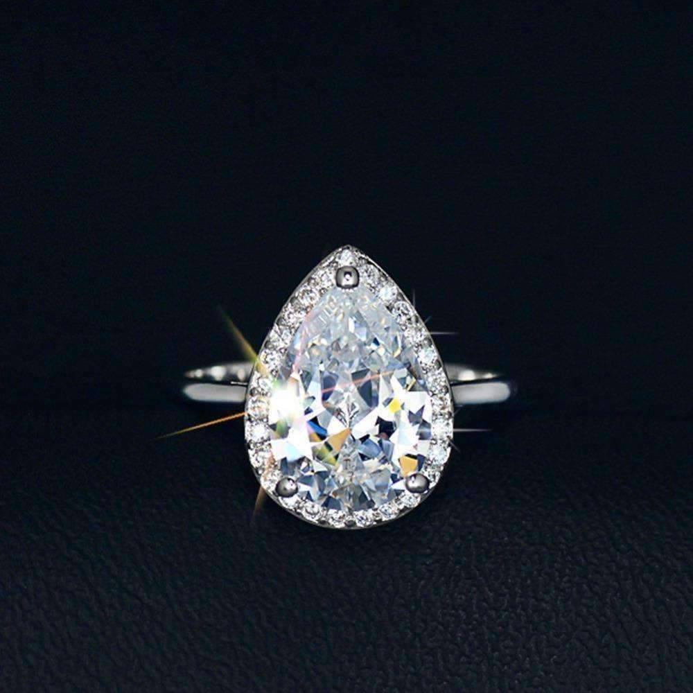 Fiona 4CT Pear Cut Halo OB Simulated Diamond Ring for Women Bridal Engagement Wedding Anniversary Gift