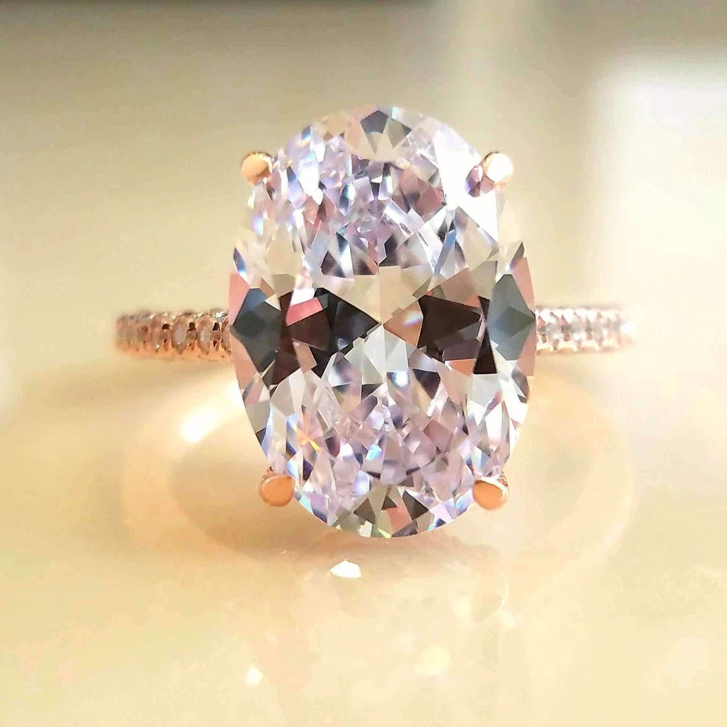 Alexandra LaRosa 5CT Oval Petite French Pavé Crown Rose Gold OB Simulated Diamond 18K Rose Gold Plated Sterling Silver Ring for Women