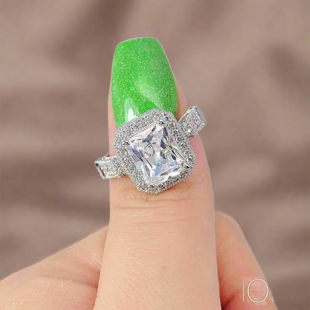 Aurelia 3CT Emerald Cut Halo OB Simulated Diamond Ring or Woman Bridal Engagement Wedding Anniversary Gift