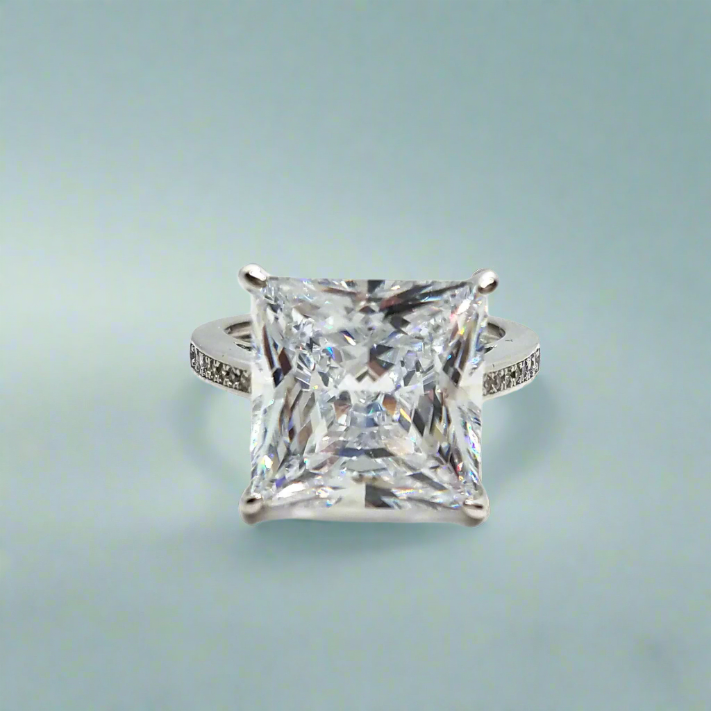 Barcelona 14K White Gold Over Sterling Silver 9.5 Ct Princess Cut Cz for Women Special Occasion Wedding Engagement Ring