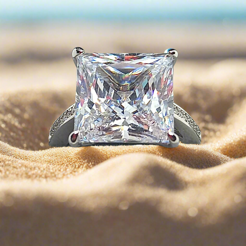 Barcelona 14K White Gold Over Sterling Silver 9.5 Ct Princess Cut Cz for Women Special Occasion Wedding Engagement Ring