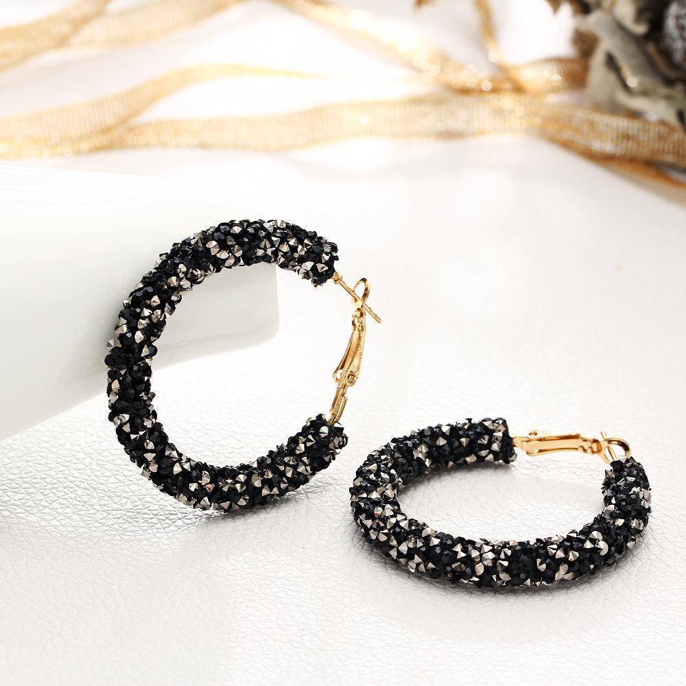 Fun-Tastic Crystal Bold Hoop Earrings for Women in Black, Iridescent Black, or Opalescent White