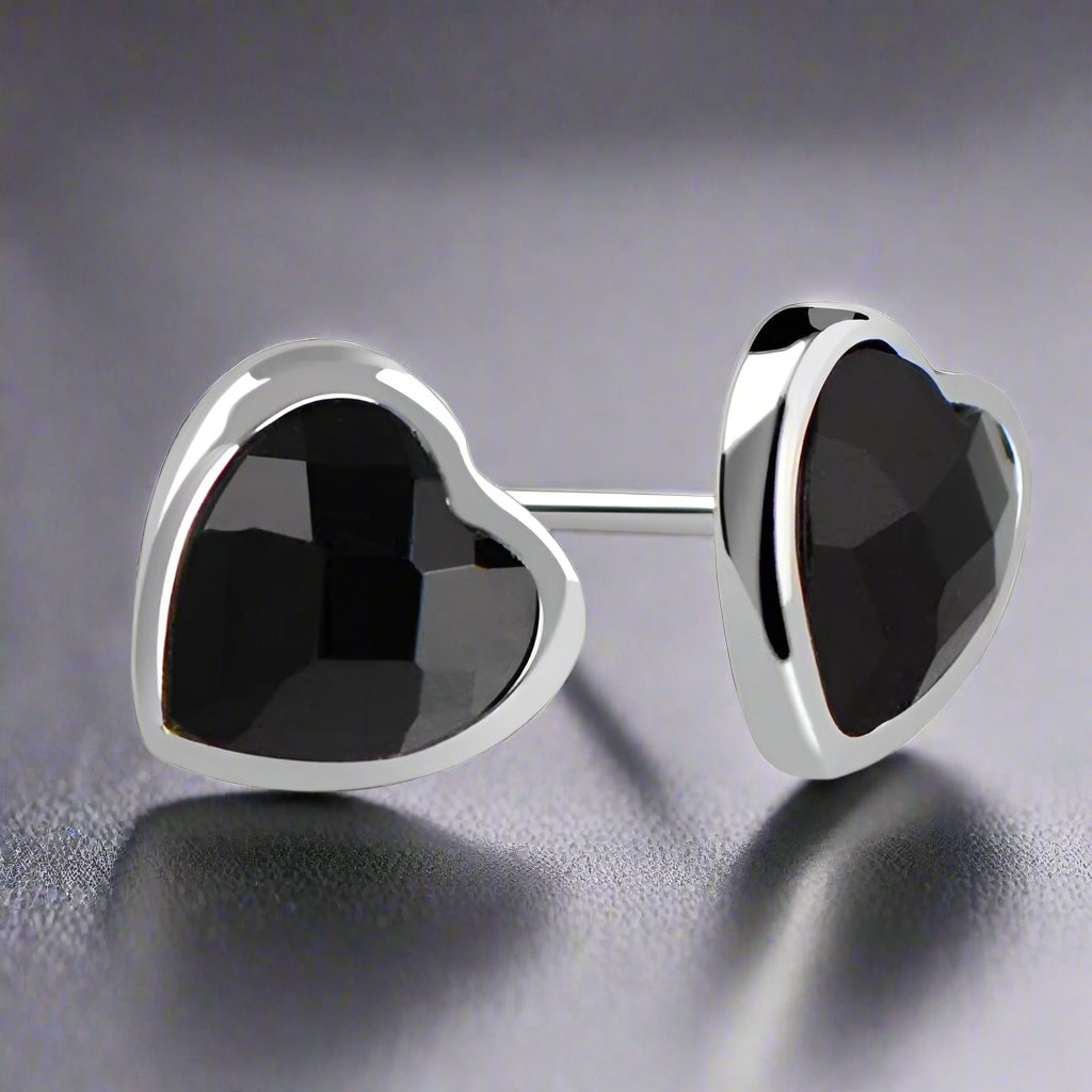 Faceted Genuine Black Agate Heart Stud Earrings for Women – Sparkling Silver Plated Design