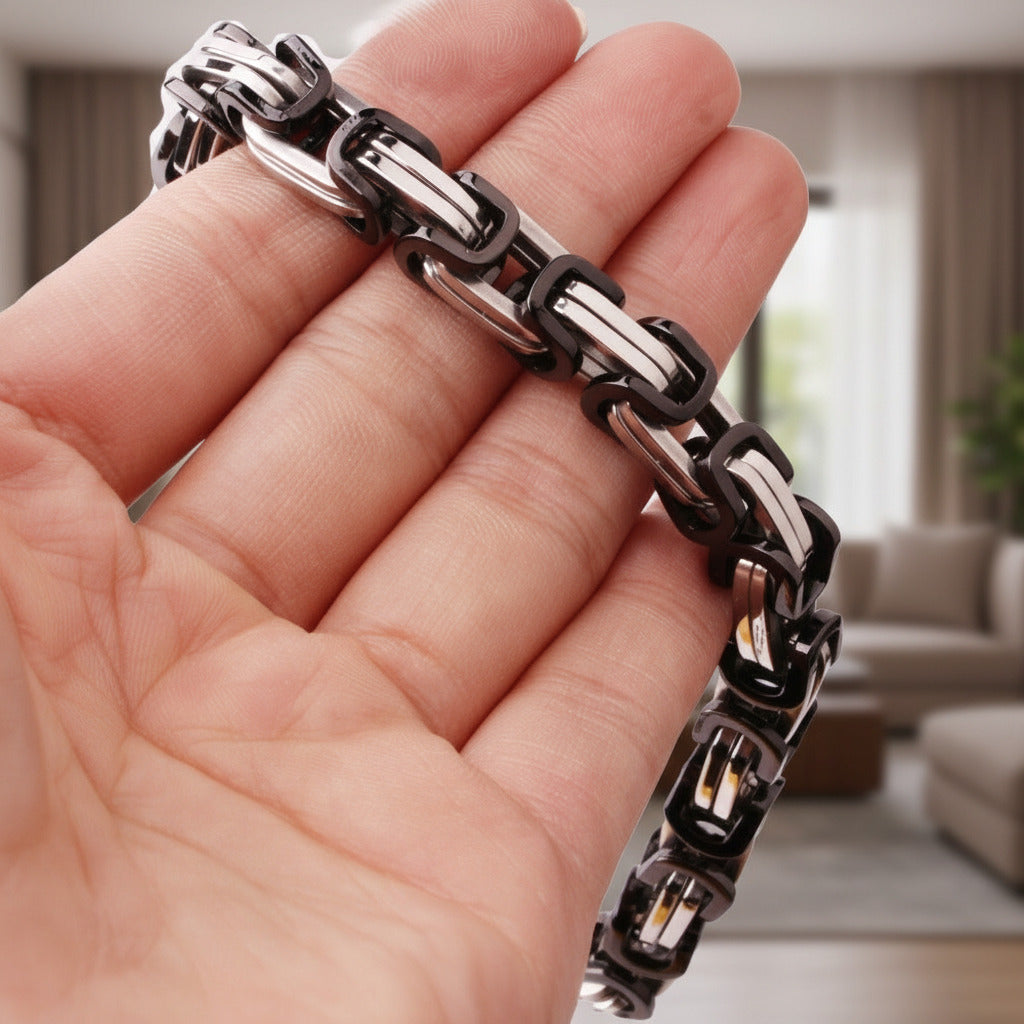 Black & Stainless Steel Byzantine Box Link Men's Bracelet