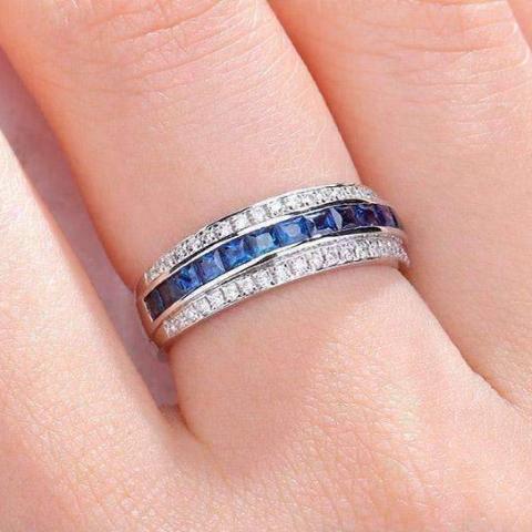 Dyanah En Bleu 1.32CTW Channel Set Princess and Pavé Band OB Simulated Diamond Ring for Women Bridal Engagement Wedding Anniversary Gift