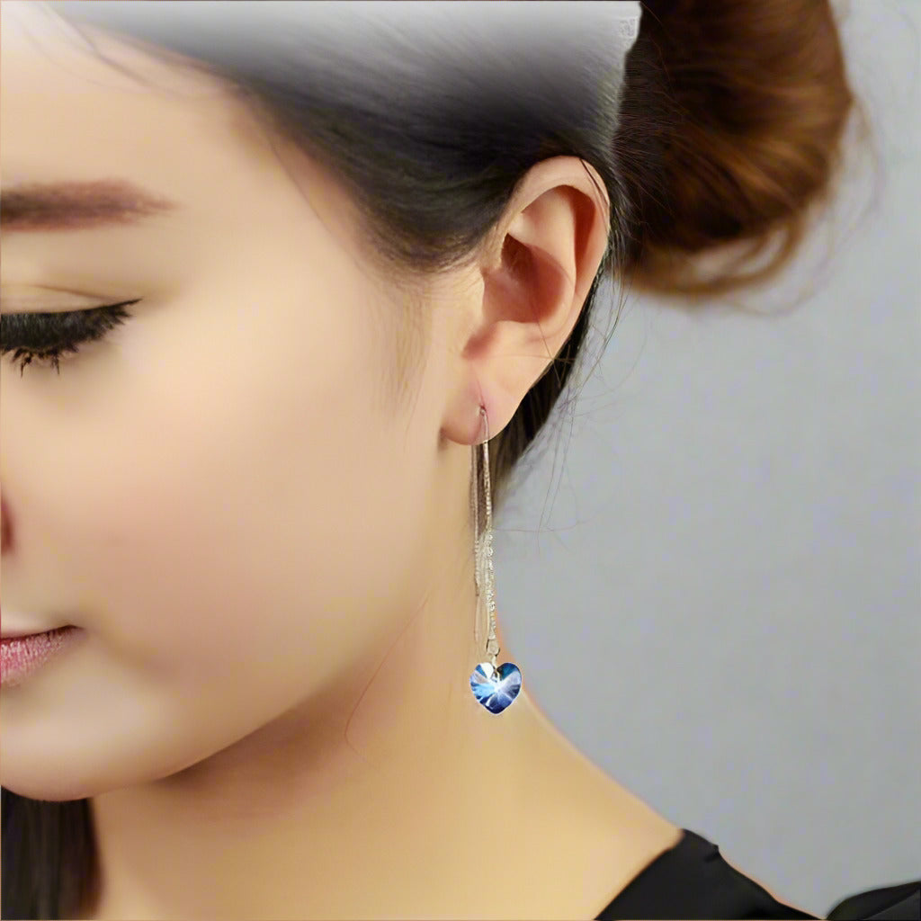 Aqua Blue Austrian Crystal Heart Silver Thread Earrings for Woman