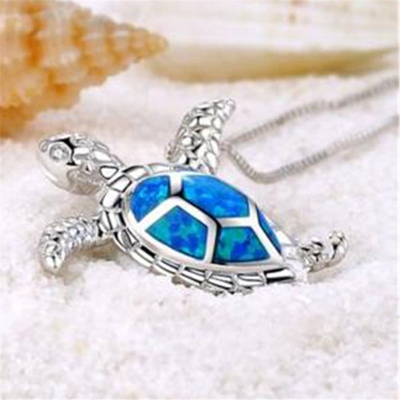 14K White Gold Plated Deep Blue Sea Turtle Animal Frog Crab Cat Heart Opal Blue Enamel Cz Pendant Necklace for Woman Special Occasion Birthdays Holidays