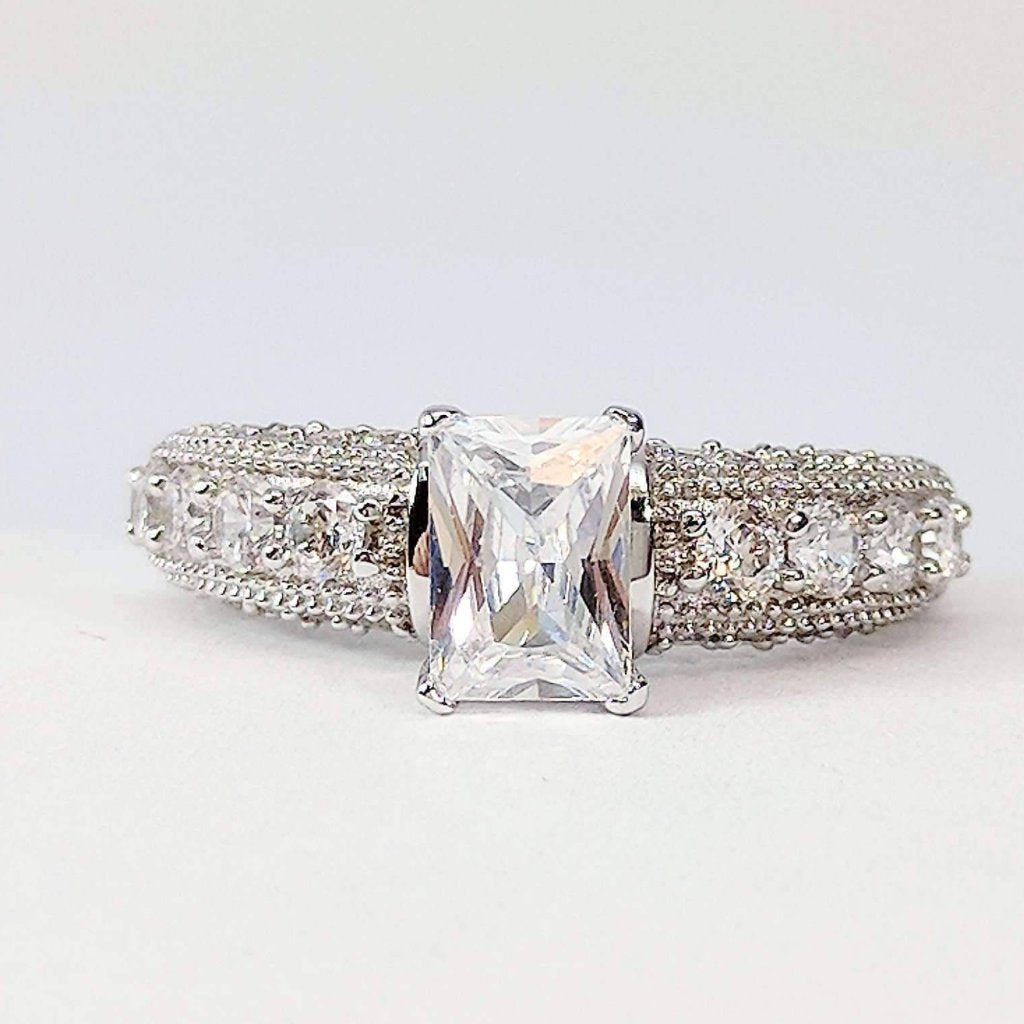 Camilla 1CT Emerald Cut Petite Pavé and Migraine OB Simulated Diamond Ring for Women Bridal Engagement Wedding Anniversary Gift