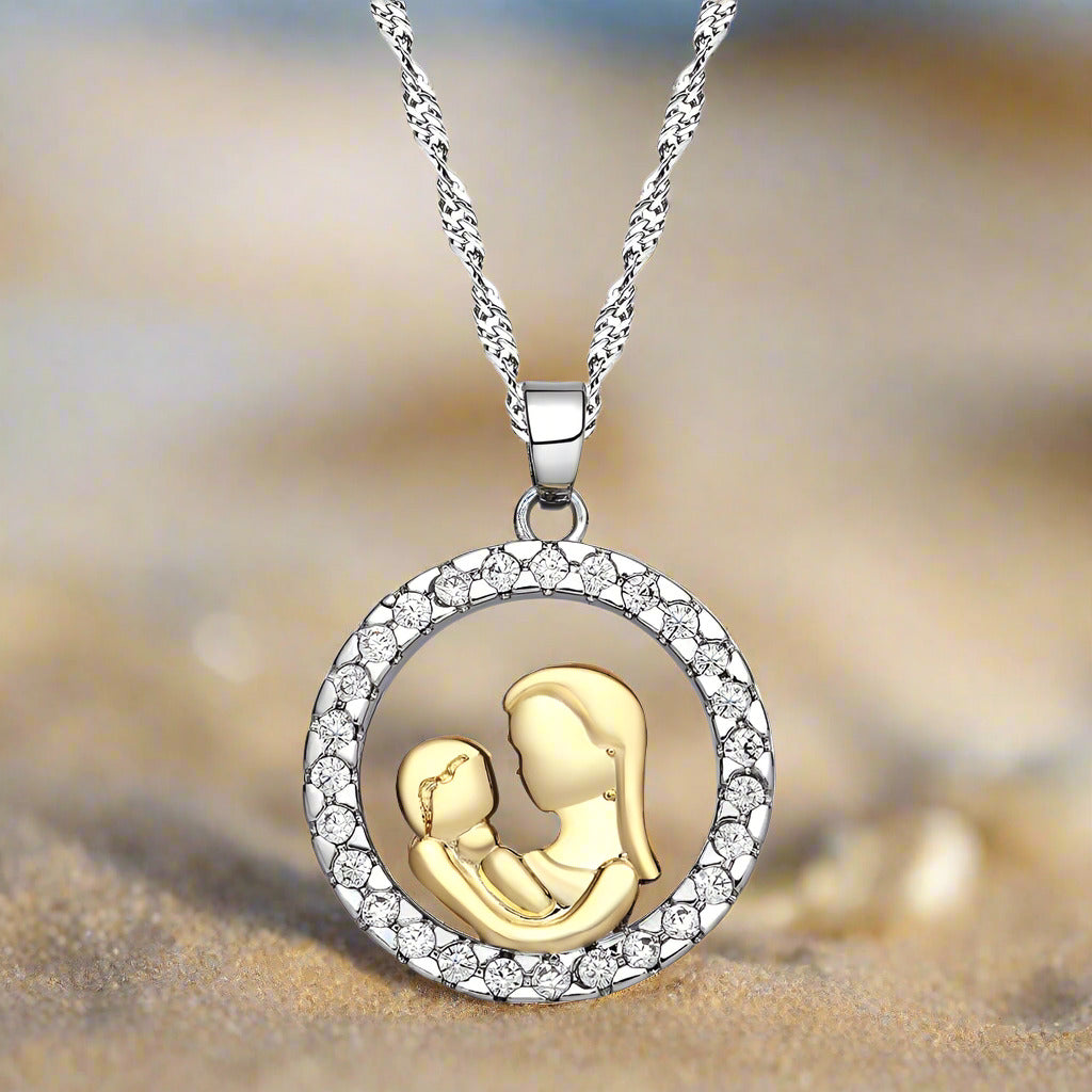 14K Gold Plated Circle of Love Mother & Child CZ Necklace for Woman