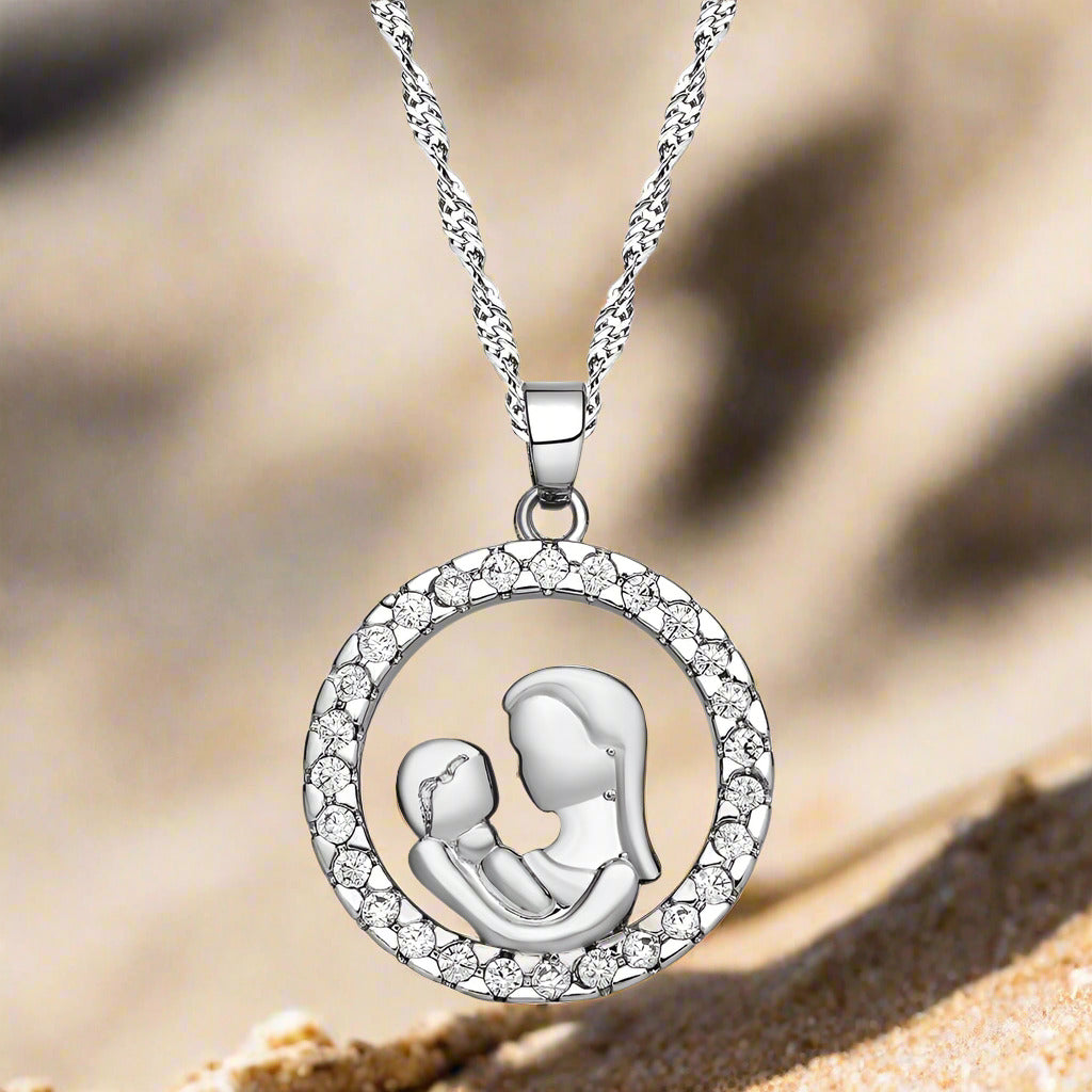 14K Gold Plated Circle of Love Mother & Child CZ Necklace for Woman