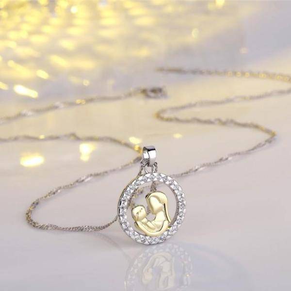 14K Gold Plated Circle of Love Mother & Child CZ Necklace for Woman