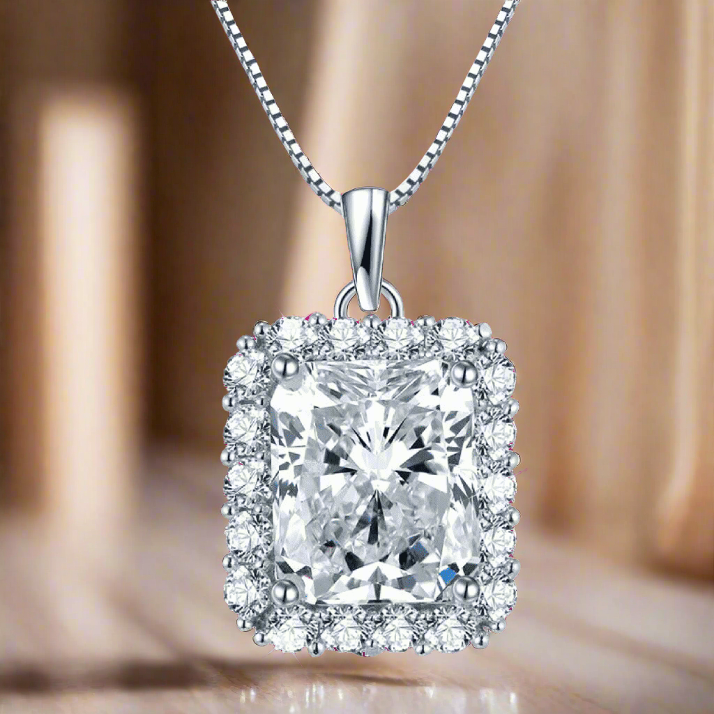 Vivienne 5CT Emerald Cut Halo OB Simulated Diamond Pendant