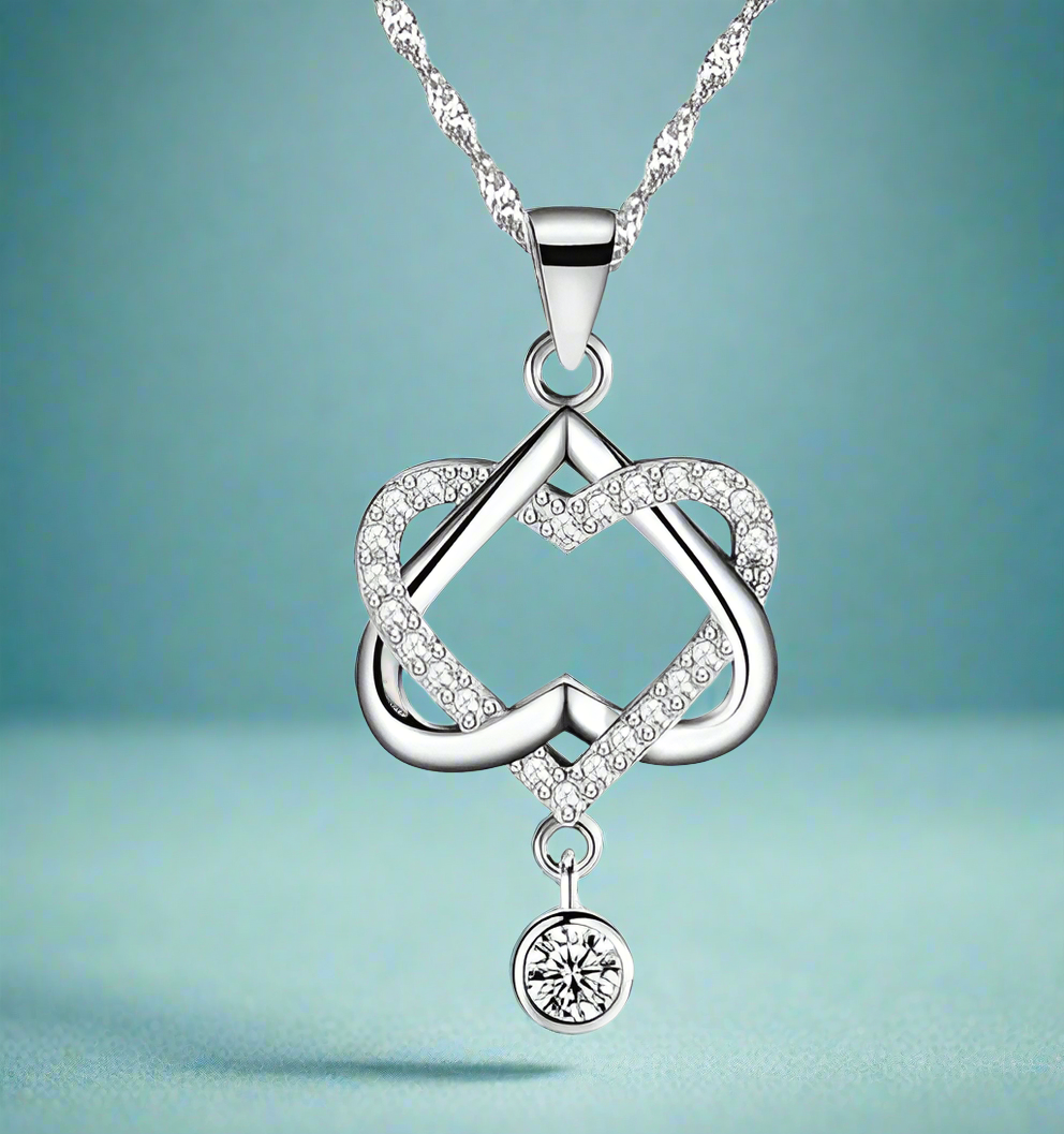 14K White Gold Plated Interlocked Heart Drop CZ Pendant Necklace For Woman