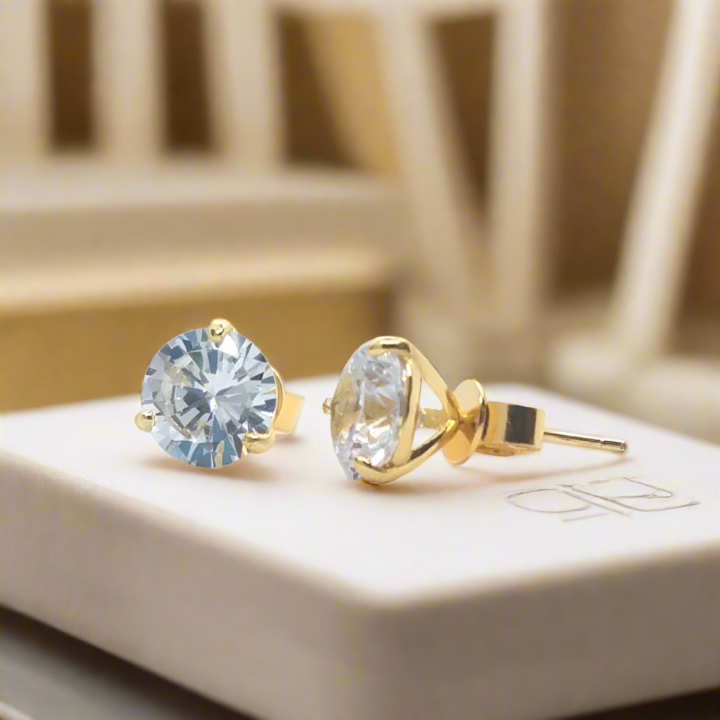 Elite D’ora 18K Yellow Gold Plated Three-Prong Simulated Diamond Stud Earrings – Sterling Silver Luxury Bridal Jewelry