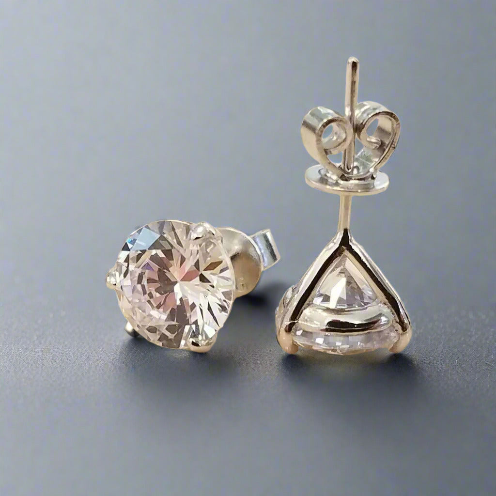 Elite Round Three-Prong Sterling Silver Stud Earrings with OB Simulated Diamonds – Bridal, Engagement & Anniversary