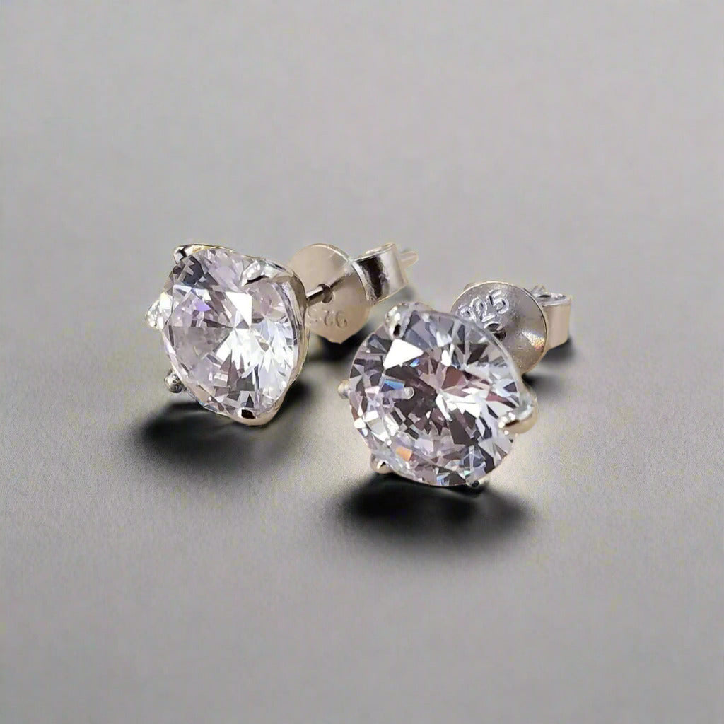 Elite Round Three-Prong Sterling Silver Stud Earrings with OB Simulated Diamonds – Bridal, Engagement & Anniversary