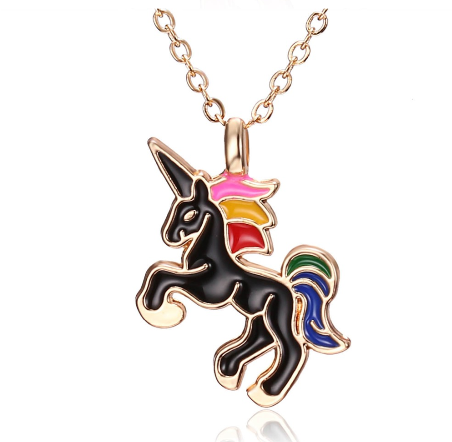A Little Fantasy Unicorn Gold & Enamel Necklace In Blue Black or Pink