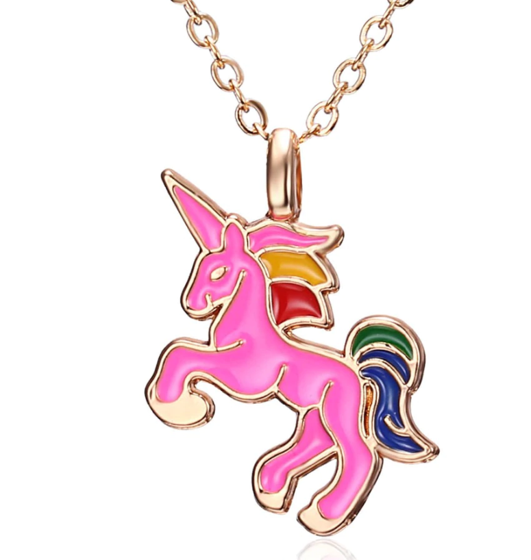 A Little Fantasy Unicorn Gold & Enamel Necklace In Blue Black or Pink