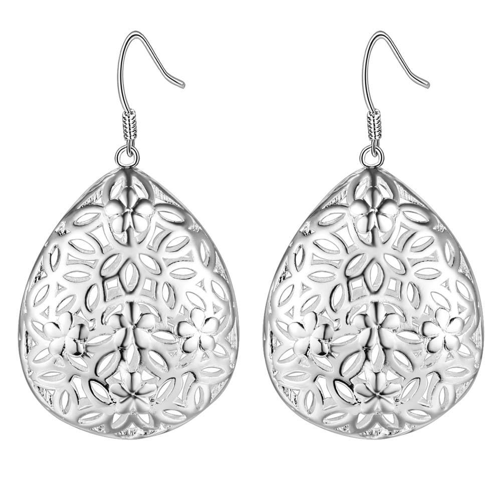 Floral Puff Silver Drops Matching Necklace and Earrings Set for Woman Special Occasion Birthday Holiday Anniversary