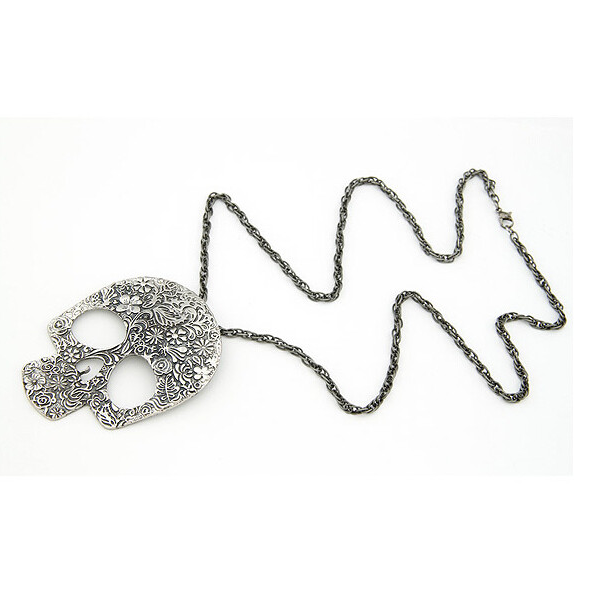 Blossoming Skull Floral Etched Necklace