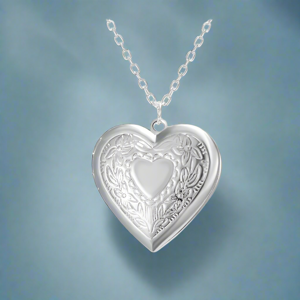 Floral Design Stamped Silver Heart Locket Necklace for Woman