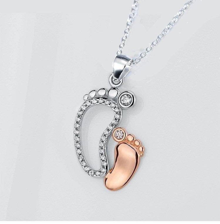 Mother & Child 14K White Rose Gold Plated Cz Footprints Woman Necklace