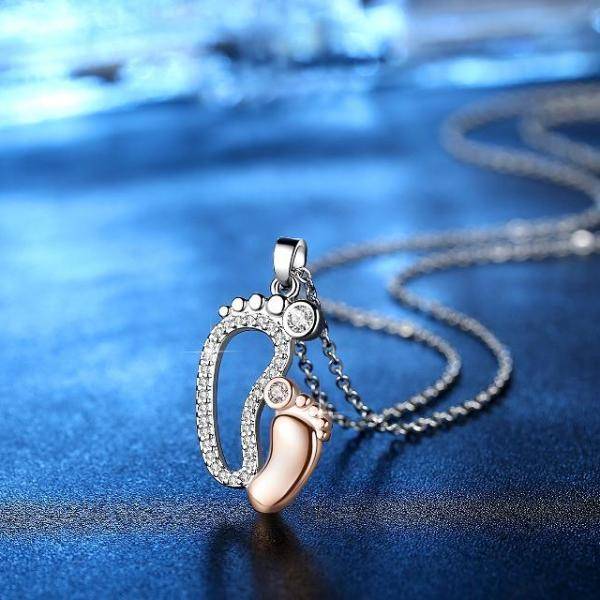 Mother & Child 14K White Rose Gold Plated Cz Footprints Woman Necklace