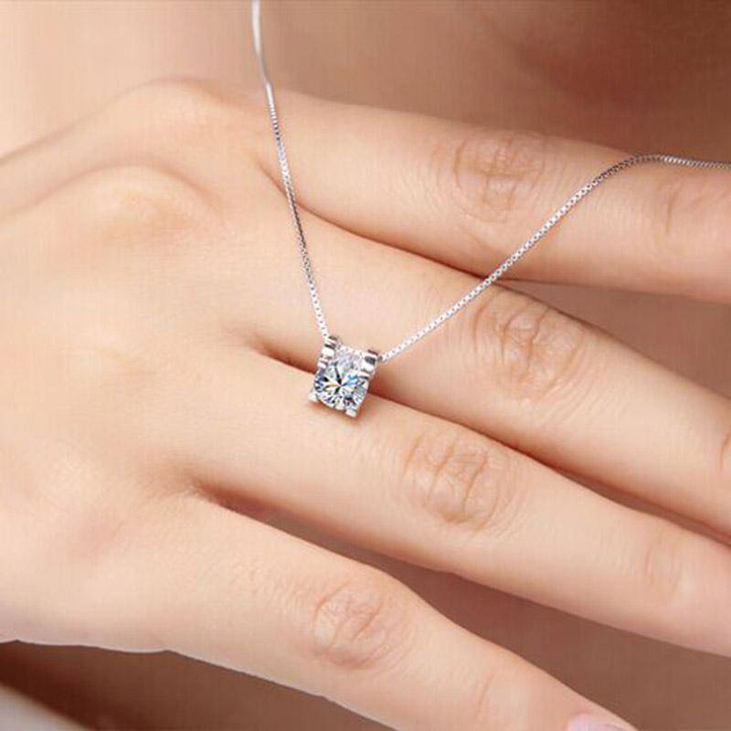 Radiant 14K White Gold Plated Floating Swiss CZ Solitaire Necklace Plus Pair of "Naked IOBI Crystals Drill" Earrings - Perfect for Women