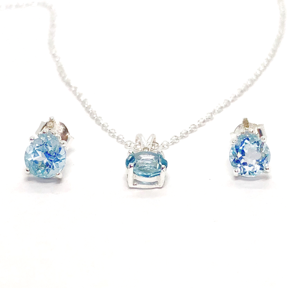 Genuine Blue Topaz & Diamond Accented OB Precious Gems 925 Sterling Silver Necklace & Earrings Set