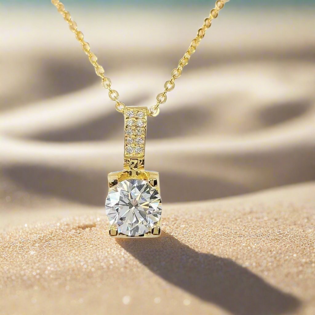 Giselle 1CT Tension Set OB Simulated Diamond Solitaire 18K Gold Plated Over Sterling Silver Pendant Necklace for Women