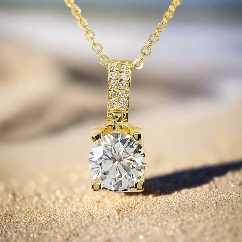 Giselle 1CT Tension Set OB Simulated Diamond Solitaire 18K Gold Plated Over Sterling Silver Pendant Necklace for Women