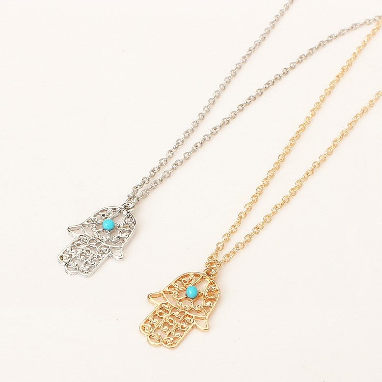 Turquoise Bead and Scrolls Gold plated Hamsa Necklace for Women