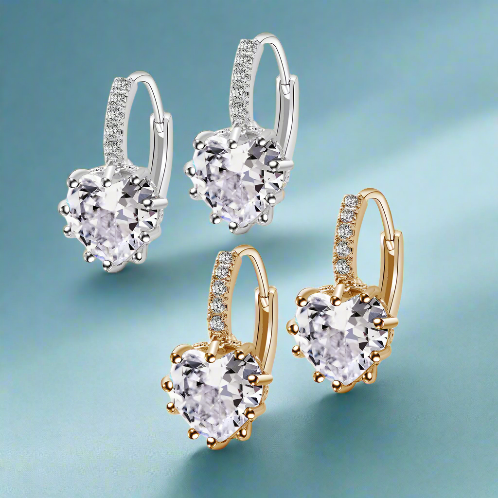 18K Gold Plated Heart Shaped 5.5 Ctw Diamond CZ Solitaire Hoop Earrings for Woman