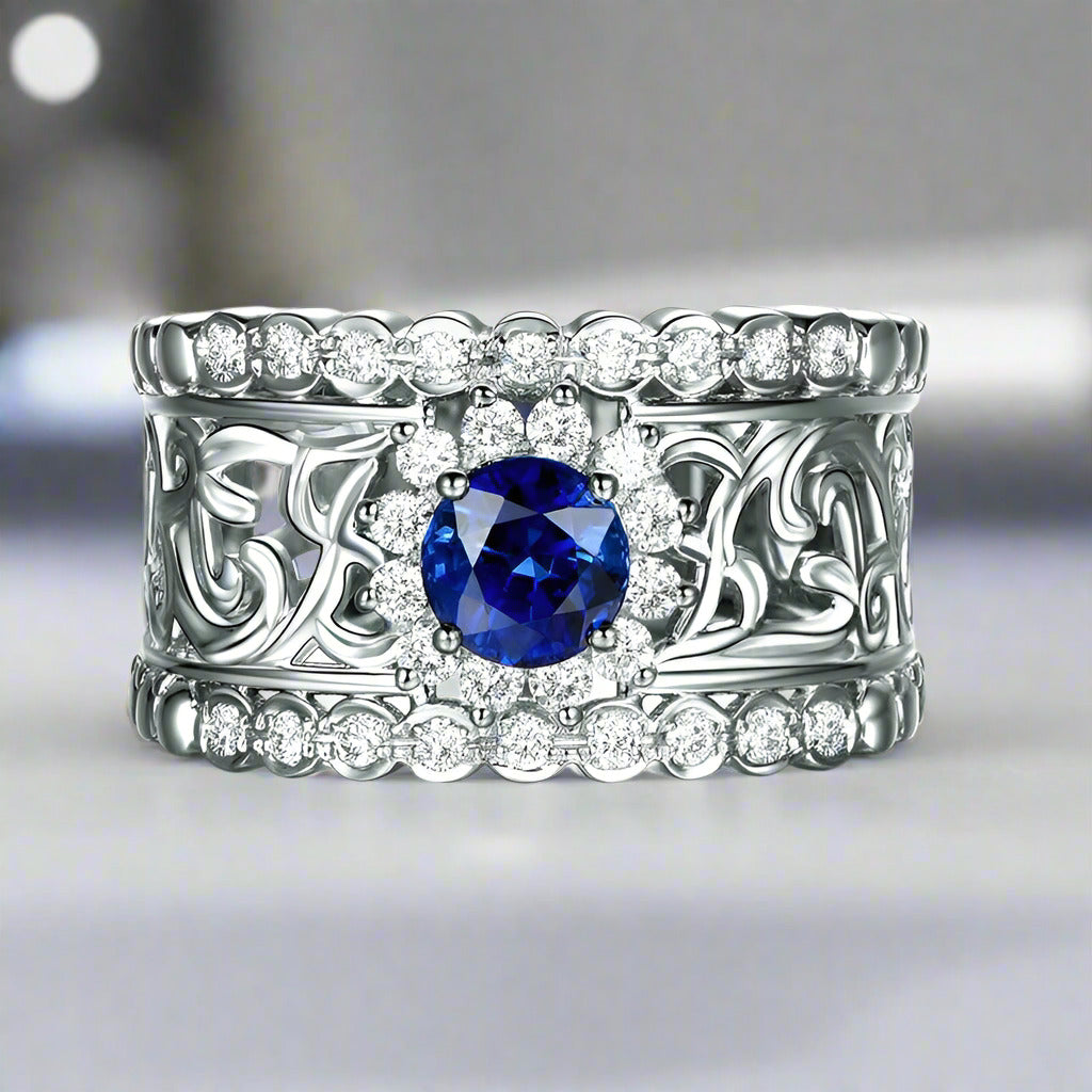 Léonie En Bleu .80CT Filigree Band OB Simulated Diamond Ring for Women Bridal Engagement Wedding Anniversary Gift