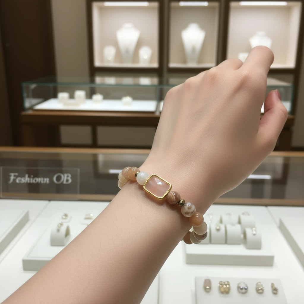 Natural Peach Moonstone Briolette Stretch Bead Bracelet with Gold Edging for Women