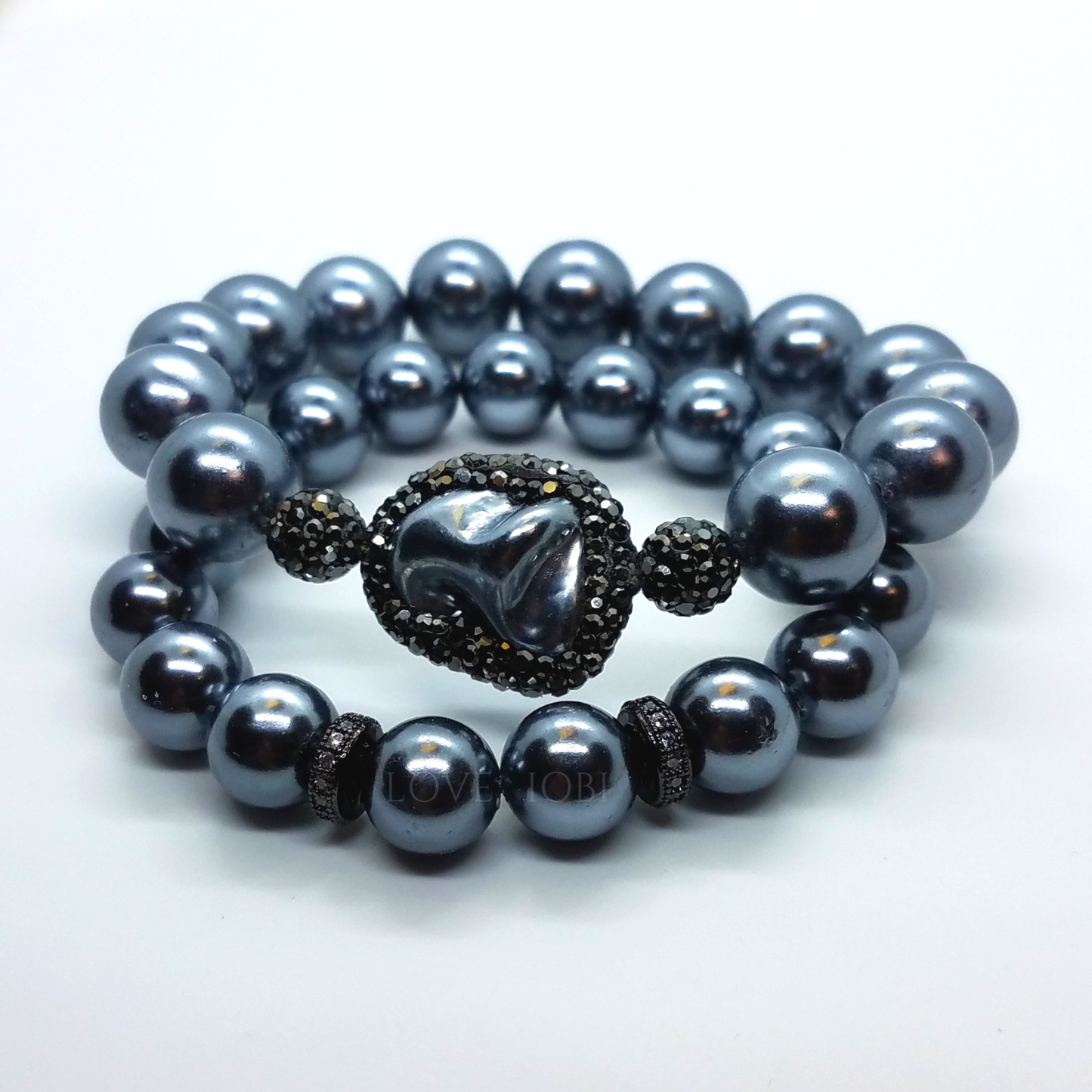 Black Shell Pearl and Hematite Stretch Bracelet Set for Woman