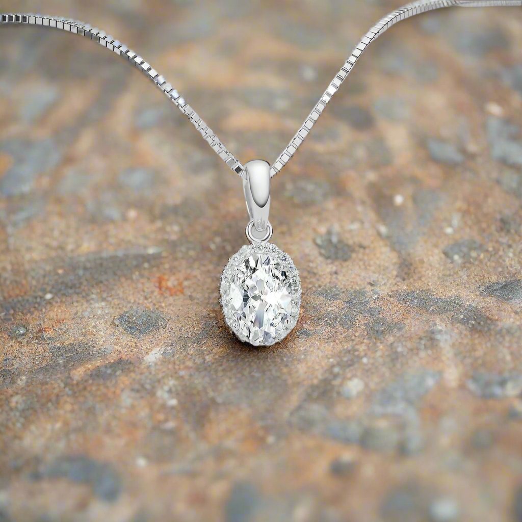 Layla .75CT Oval Cut Halo OB Simulated Diamond Pendant for Women Bridal Engagement Wedding Anniversary Gift