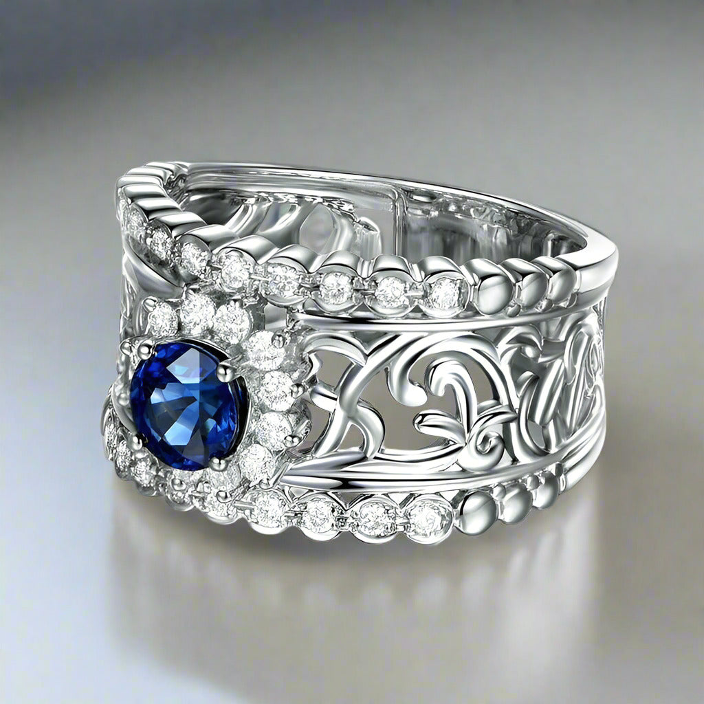 Léonie En Bleu .80CT Filigree Band OB Simulated Diamond Ring for Women Bridal Engagement Wedding Anniversary Gift