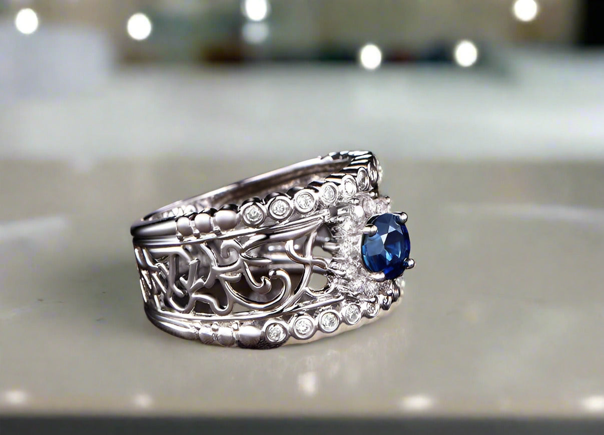 Léonie En Bleu .80CT Filigree Band OB Simulated Diamond Ring for Women Bridal Engagement Wedding Anniversary Gift
