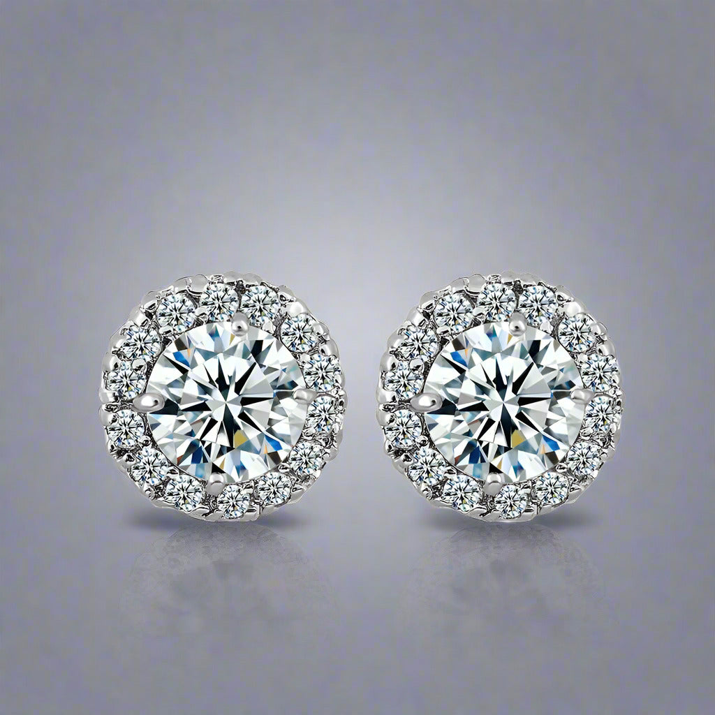14K White Gold Plated Luxe Halo Crystal Stud Earrings For Woman