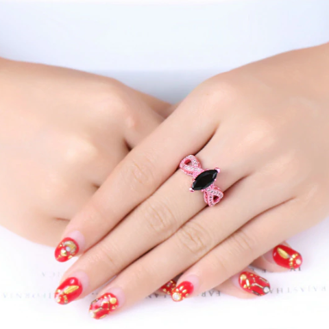 Metallic Pink Marquise Cut Black CZ Solitaire Ring