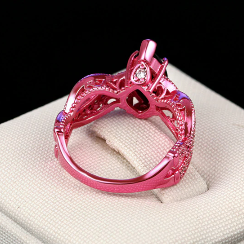 Metallic Pink Marquise Cut Black CZ Solitaire Ring