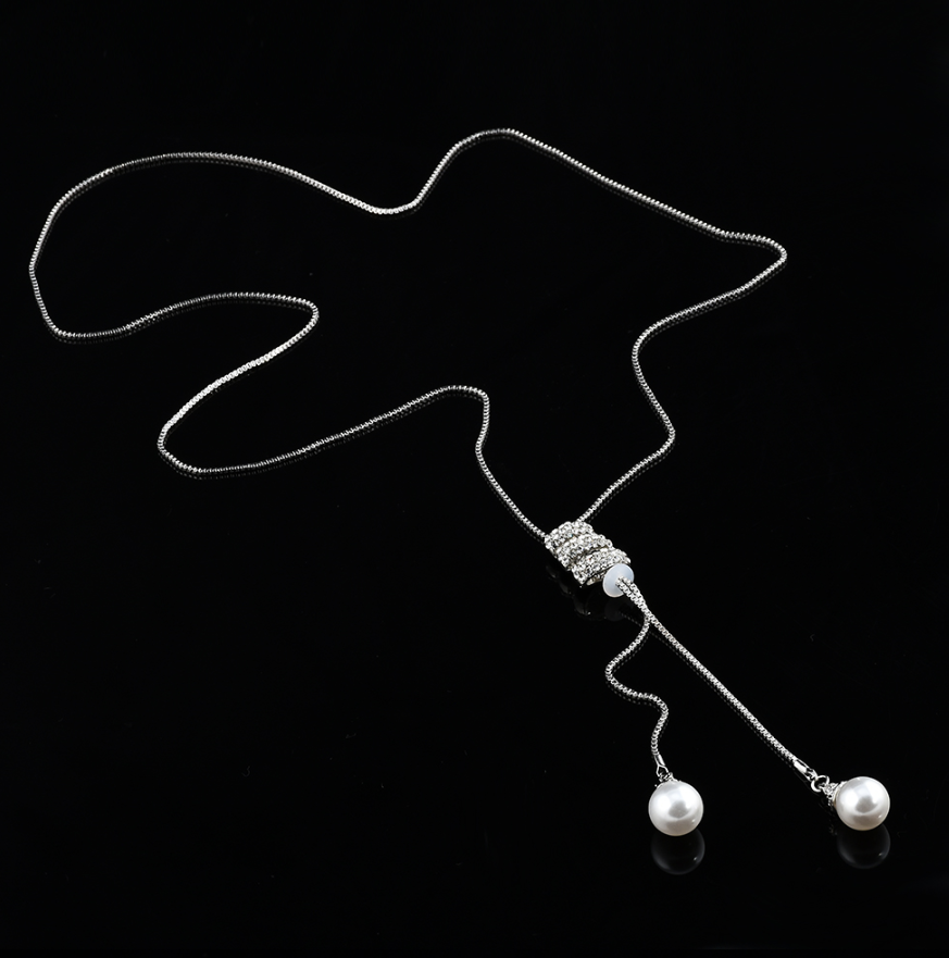 Long Pearl Bead & Crystal Lariat Necklace