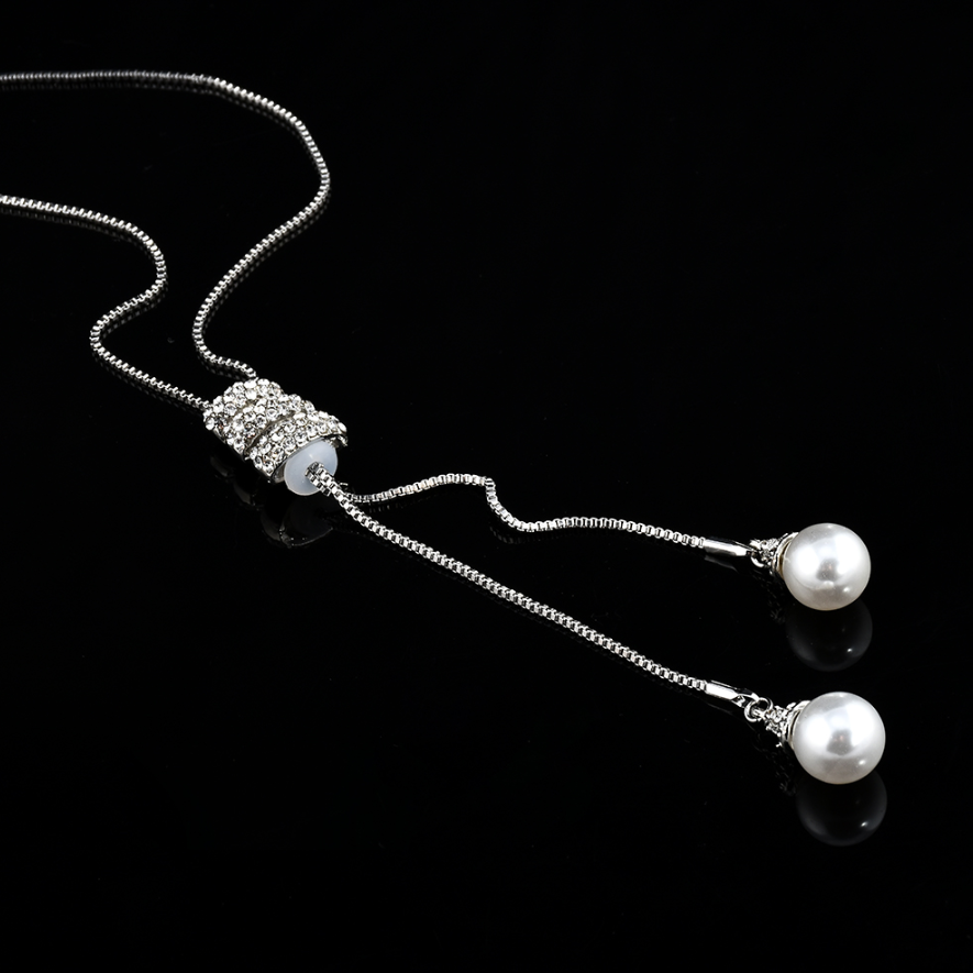 Long Pearl Bead & Crystal Lariat Necklace