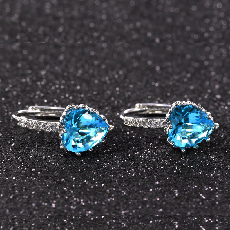Petite Heart Shaped Aqua Austrian Crystals Hoop Earrings