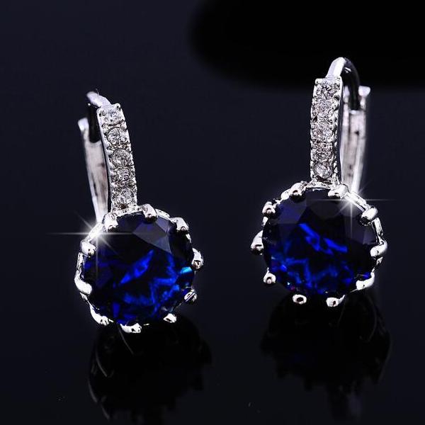 14K Gold Plated Sapphire Blue Color 3.5CTW CZ Solitaire Hoop Earrings for Woman